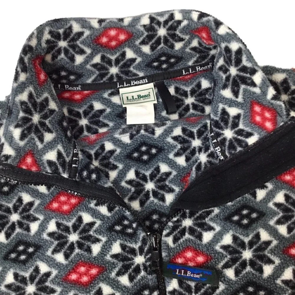 L.L. Bean Fleece Jacket Coat Full Zip Snowflake Adj Waist Pockets Black Red
